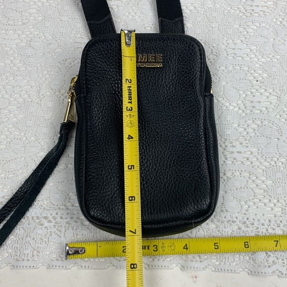 Aimee Kestenberg Black Leather Crossbody Bag Gold Zip & logo Camo Lined Tassel - Picture 12 of 13